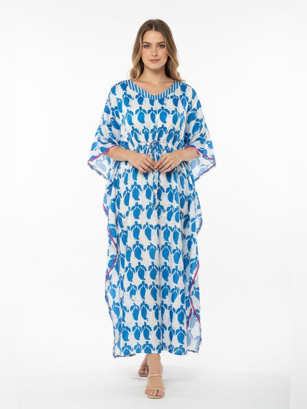Blue & White Turtle Print Caftan Swim Cover-Up Dress
